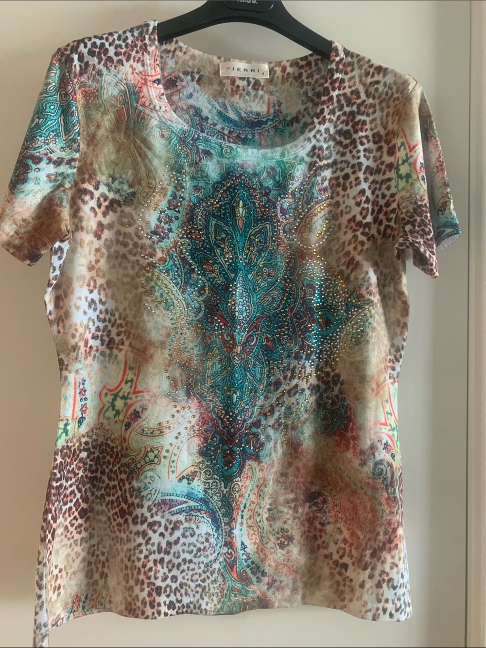 Paisley & Leopard Print Short Sleeve Top in Teal & Brown with sparkly studs.